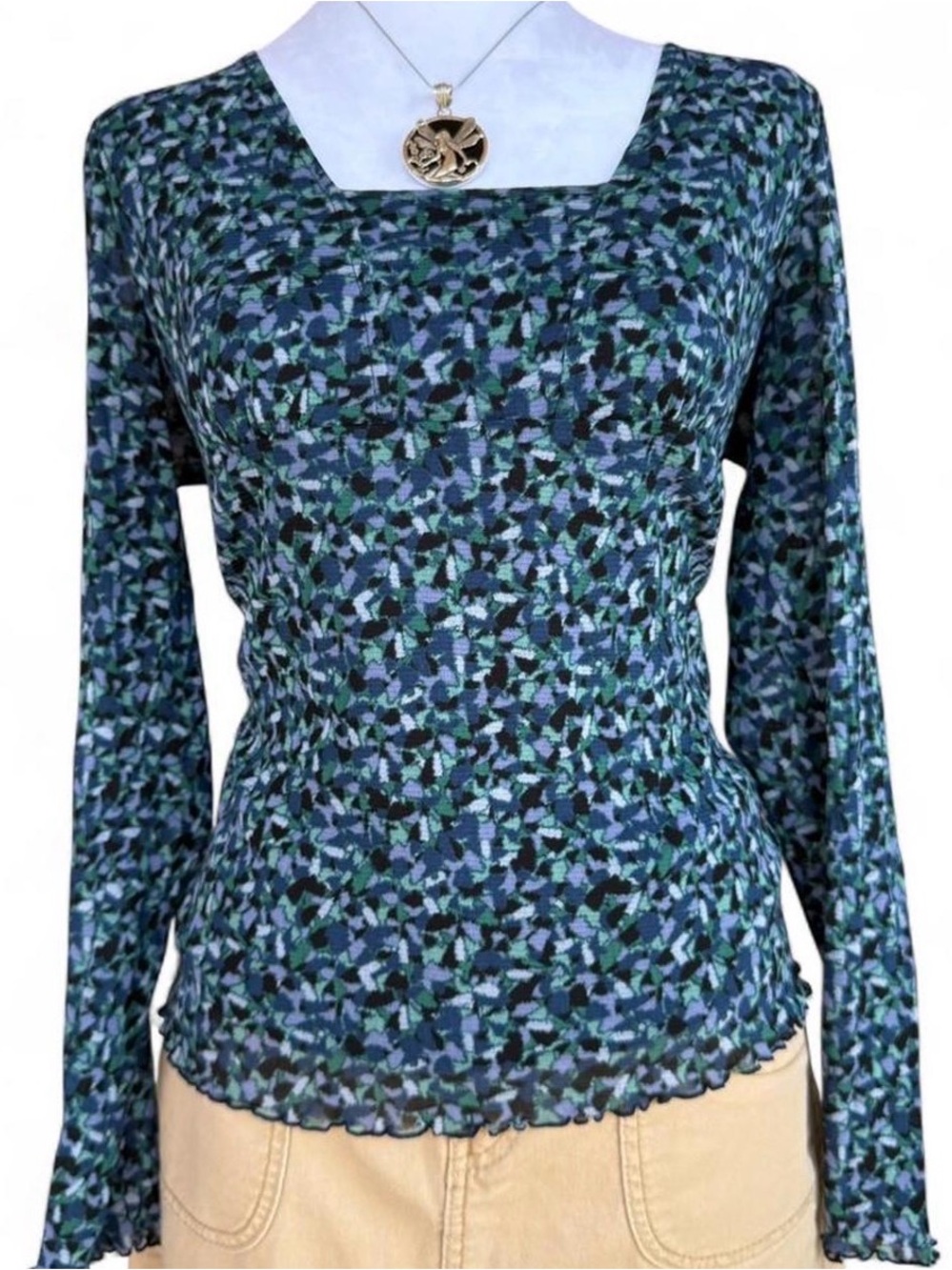 Axcess Liz Claiborne • Y2K Abstract Mosaic Square Neck Mesh Top • Size Large
